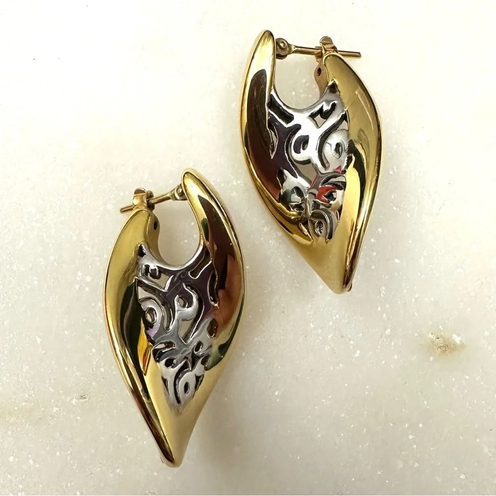 14k Golden Clef Arezzo Yellow & White Gold Polished Cutout Post Earrings 4.5g